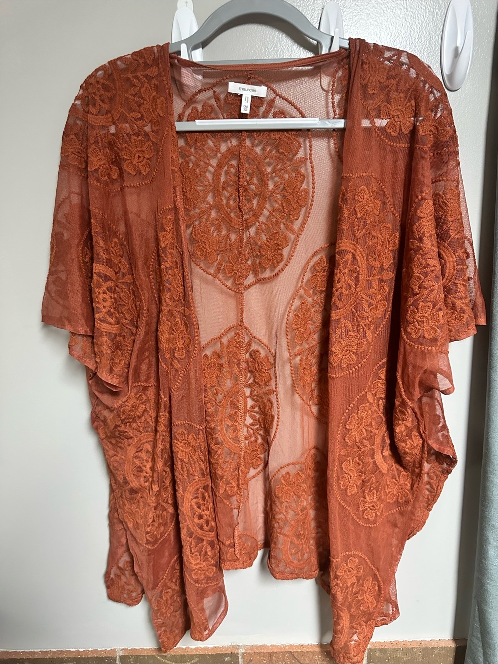 Maurices Burnt Orange Sheer Embroidered Kimono - Picture 1 of 3
